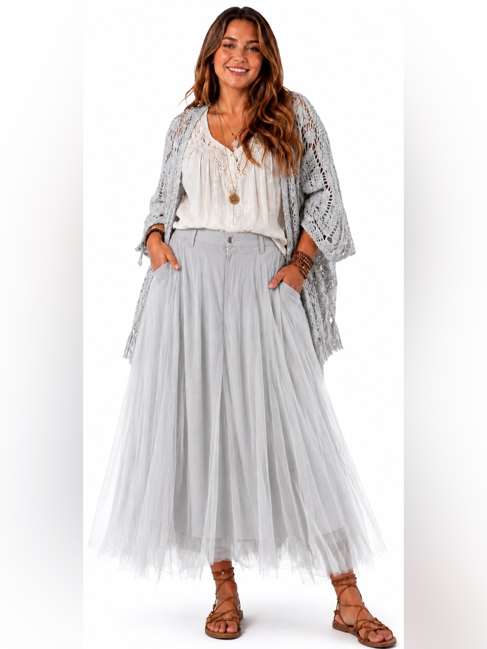 Light Gray Maxi Tulle Skirt with Elastic Waist